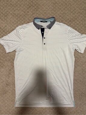 Greyson Light Blue & White Striped Polo with Dark Gray Contrast Collar